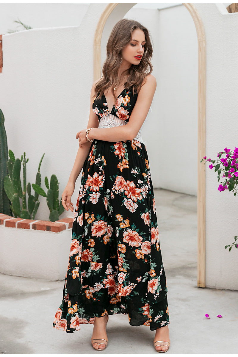 Black printed lace hollowed-out dress