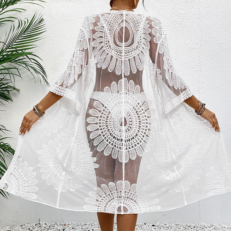 Lace Embroidered Kimono Cardigan Swimsuit Bikini Beach Cover-up