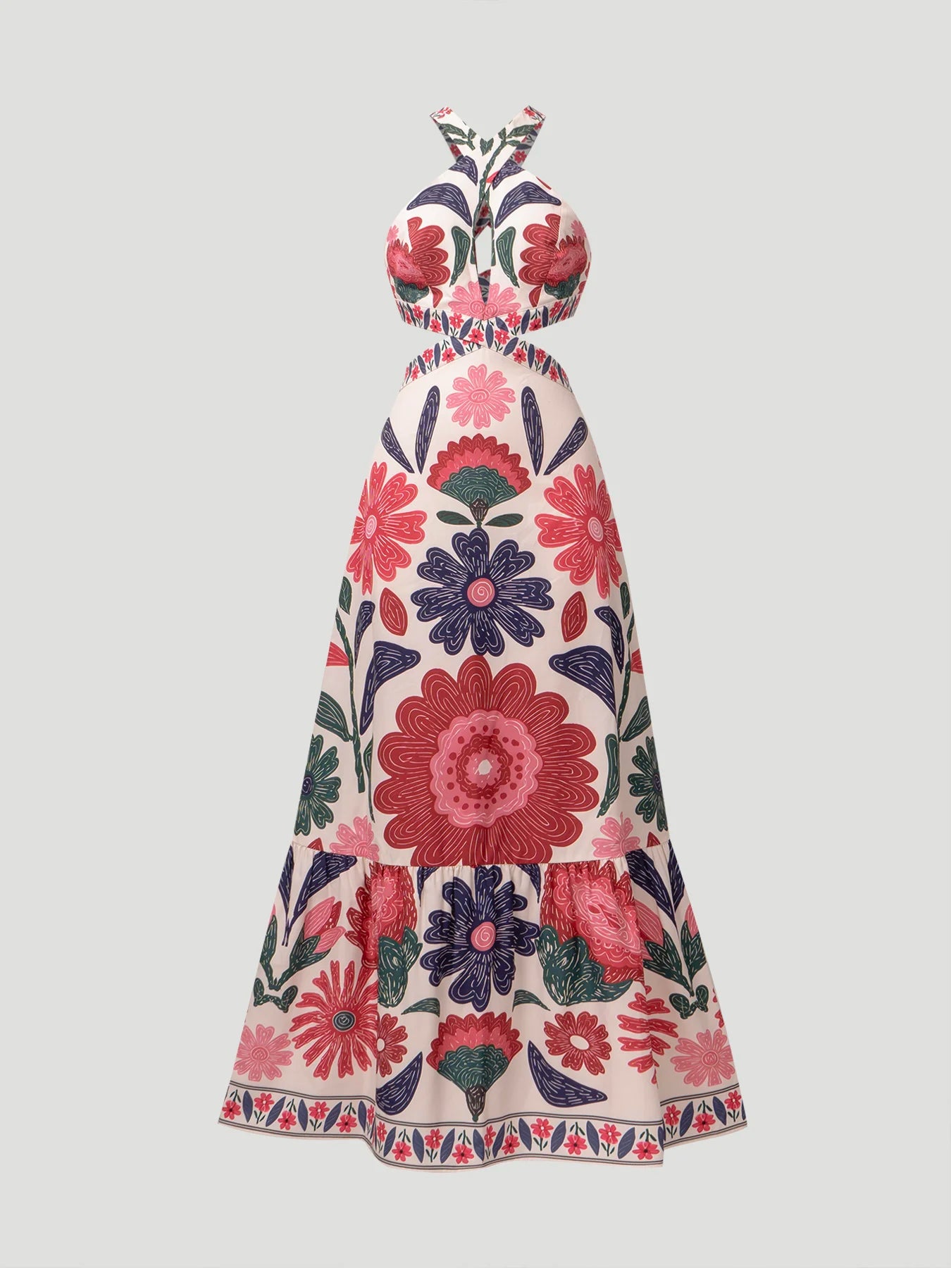 Women's Floral Halter Maxi Dress – Cutout Waist & Ruffle Hem