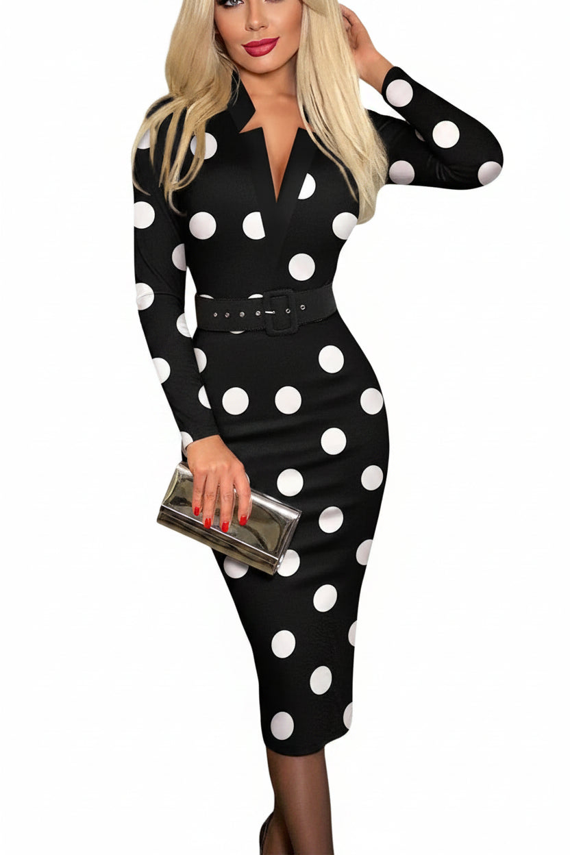 Women's V-Neck Pencil Dress - Long Sleeve Belted