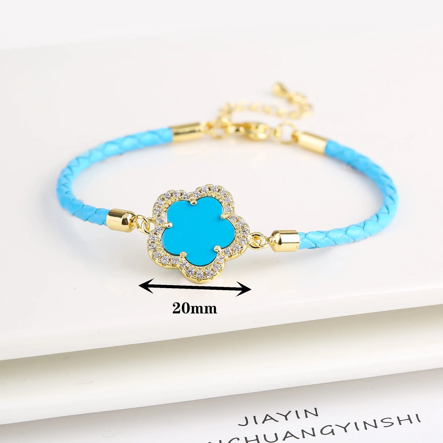 Classic Genuine Leather Woven Natural Stone Five Leaf Flower Charm Bracelet