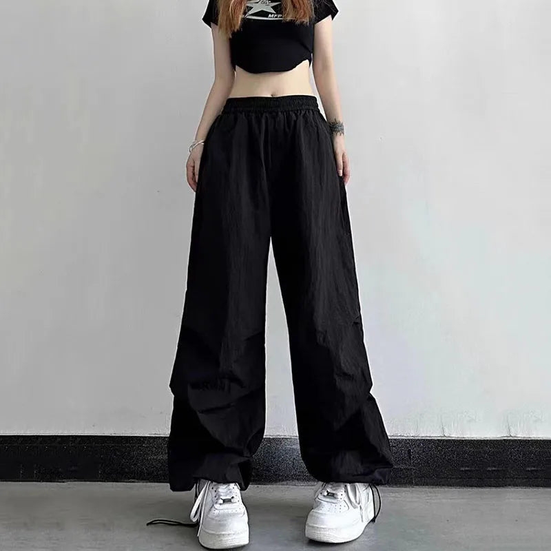 Xpqbb Y2K Parachute Black Pants Women Hip Hop Streetwear Oversize Pockets Cargo Trousers Harajuku Wide Leg Baggy Sweatpants Lady