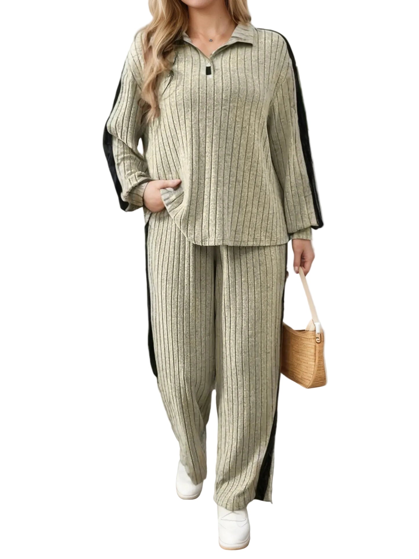 Casual 2-Piece Suit | Zipper Collar Long-Sleeve Top