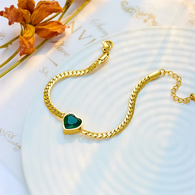 Stainless Steel Heart-Shaped Green White Crystal Pendant Necklace Bracelet For Women Fashion Jewelry Set Party Gift