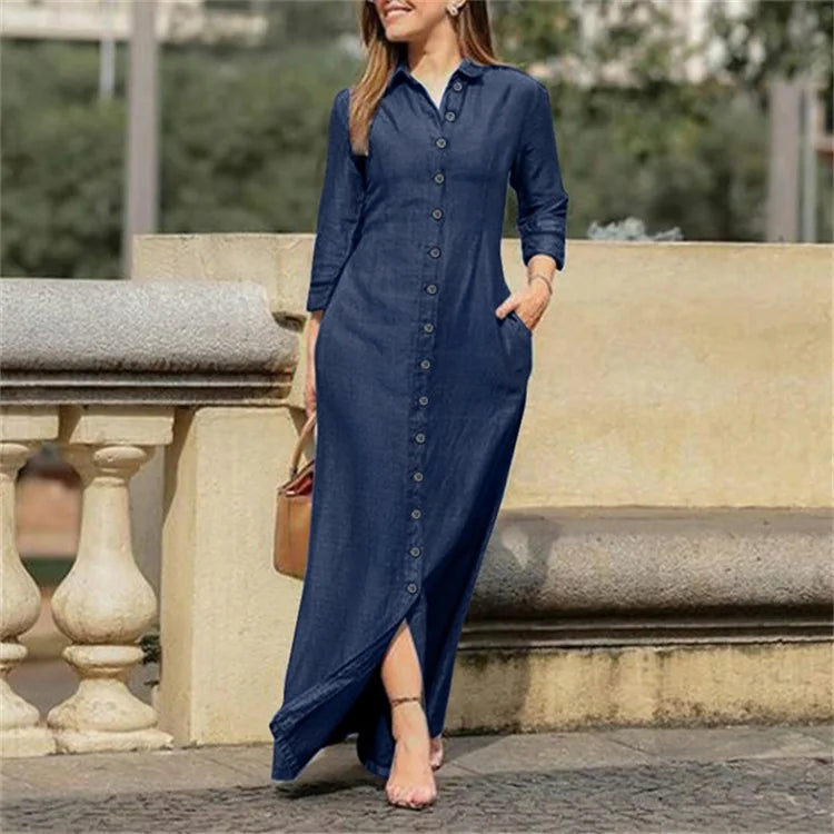 Autumn Elegant Women's Denim Dress Long Sleeve Buttons Shirt Long