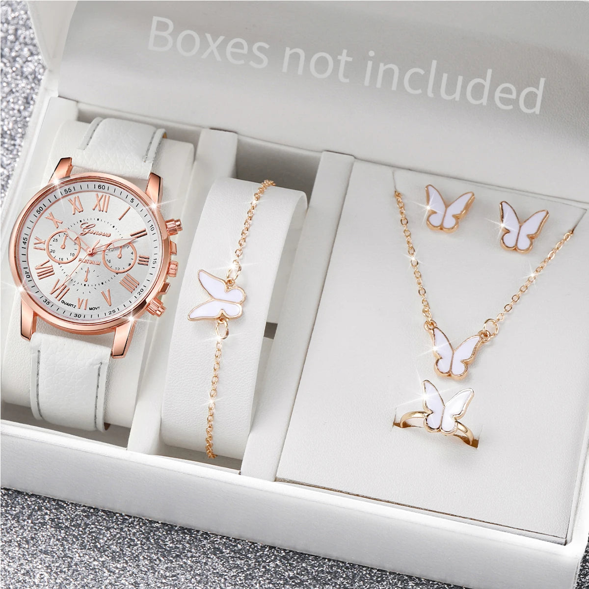 5/6PCS Fashion Women's Quartz Watch Leather Band Analog Wrist Watches Heart Rhinese Jewelry Set(Without Box)