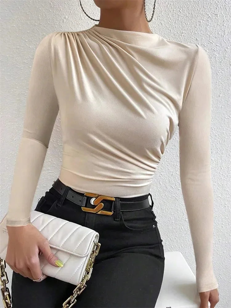 Casual Pleated Mock Neck Long Sleeve T-shirt for Women