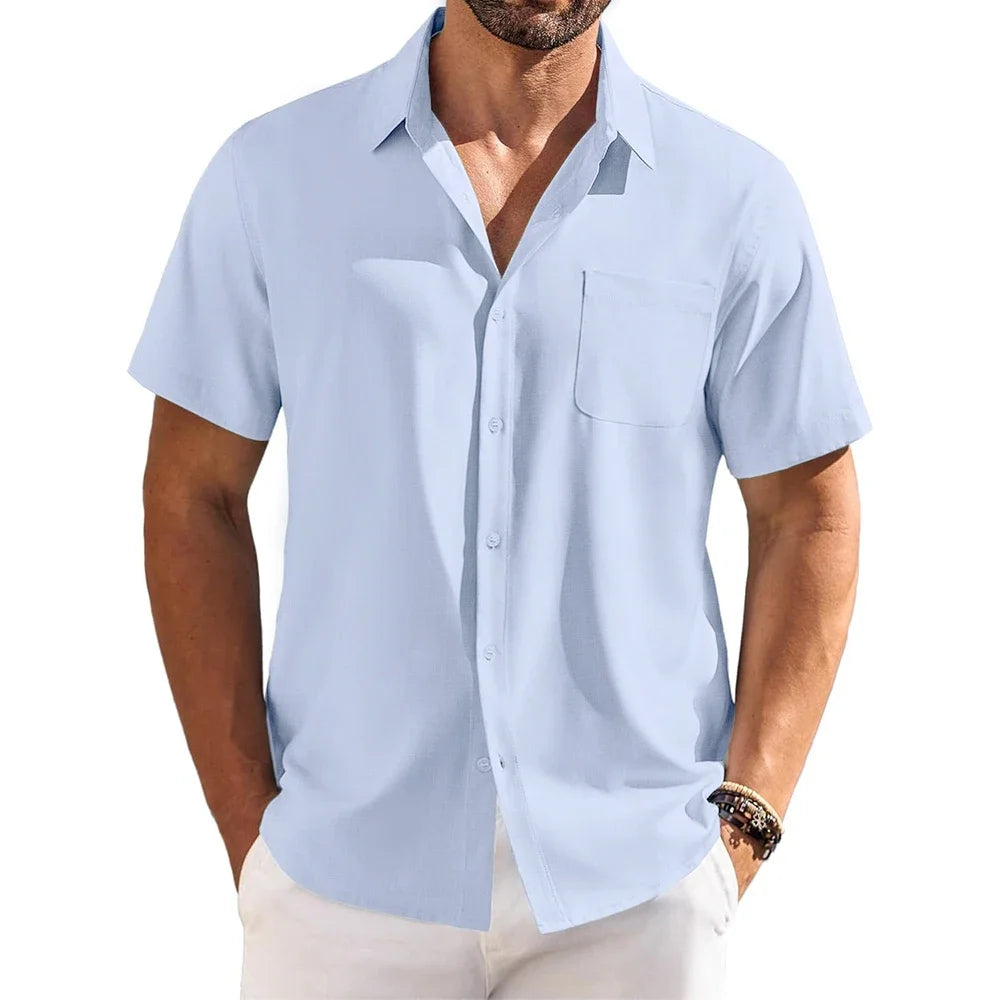 Cotton Linen Breathable Shirt for Men Solid Color Turn Down Collar