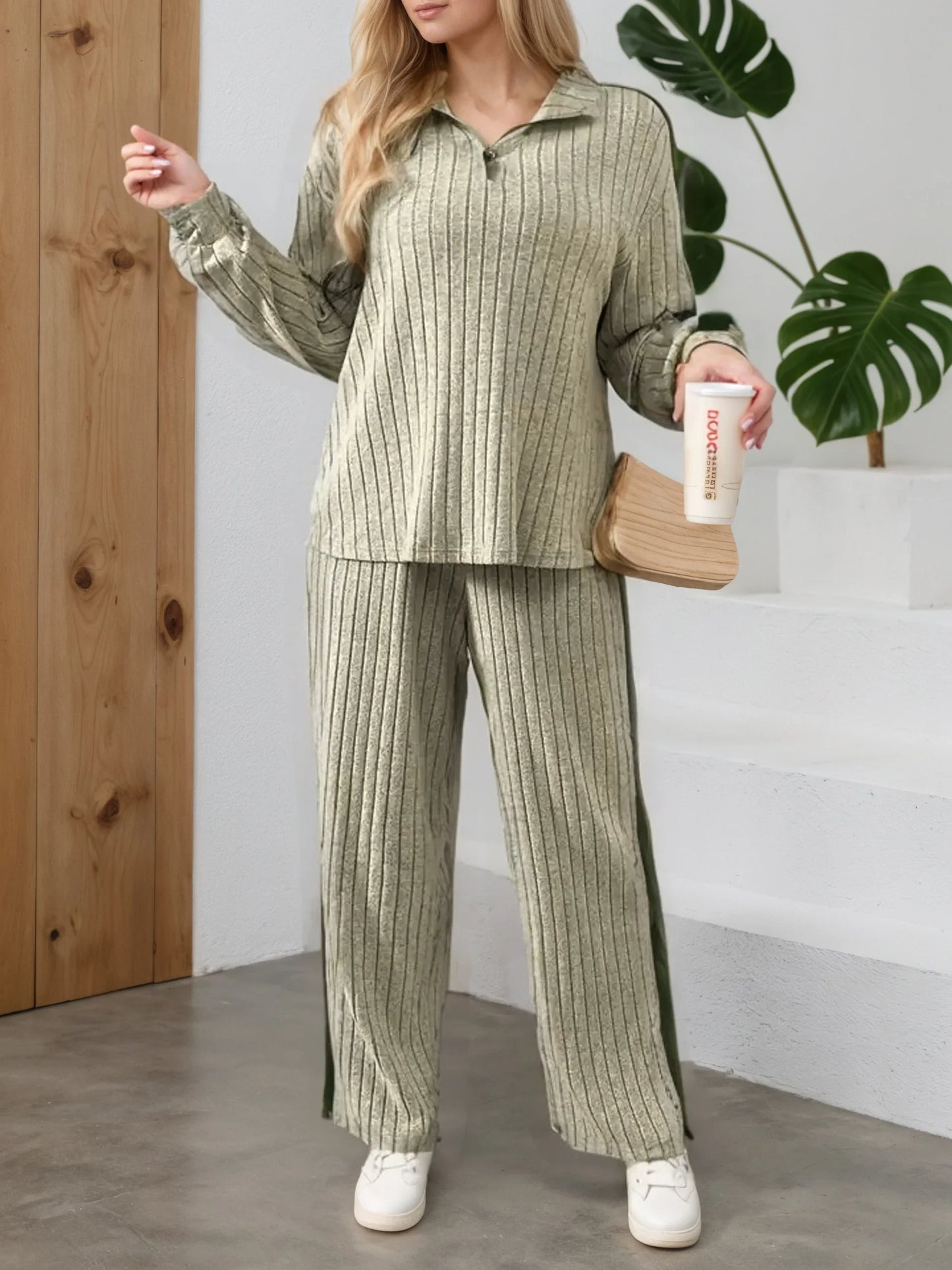 Elegant Casual 2-Piece Suit | Zipper Collar Long-Sleeve Top