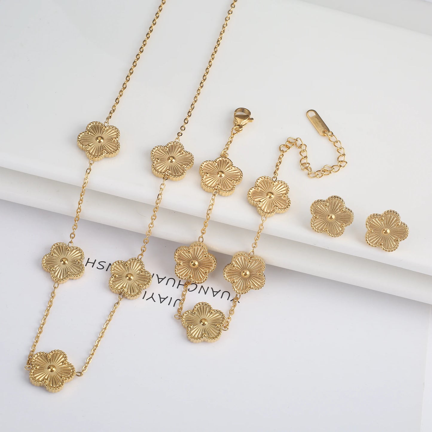 Clover Five Leaf Flower Stainless Steel Bracelet Necklace Earrings Jewelry
