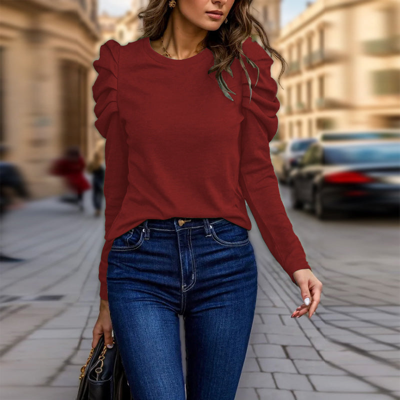 Women's Elegant Puff Sleeve Top, Ruffle Detail Long Sleeve Knit Blouse
