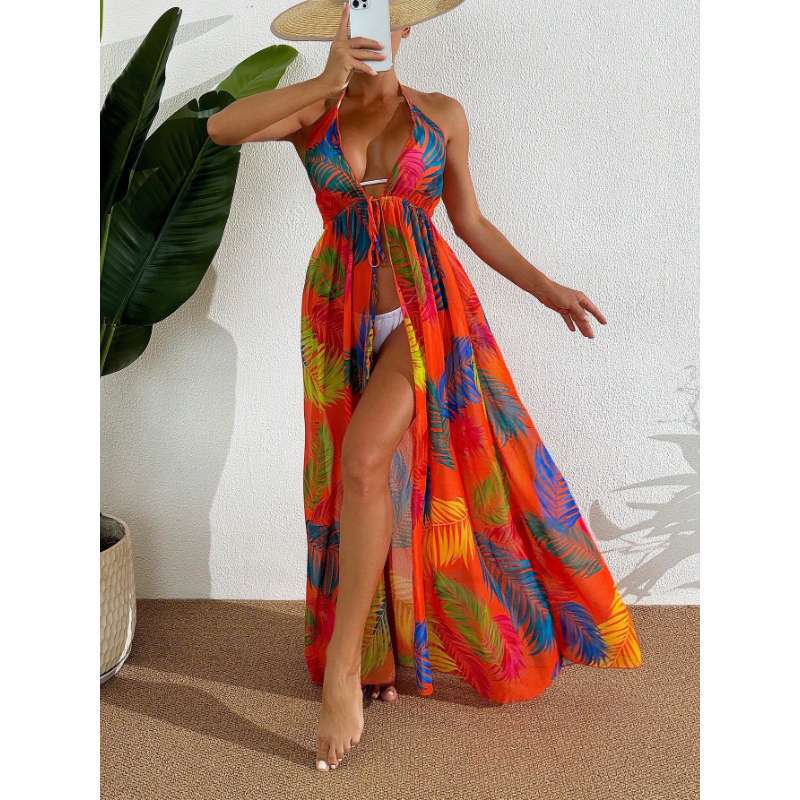 Printed Floral Split Swimsuit Cover Up Dress
