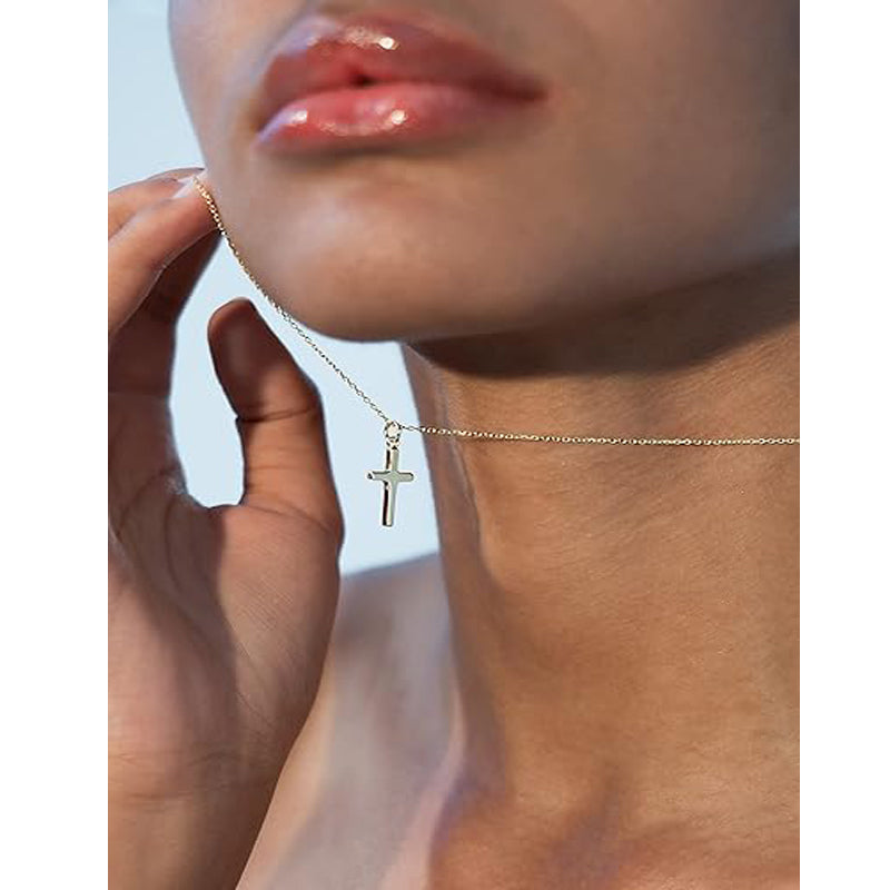 14K Gold Plated Small Cross Pendant Necklace For Women On 18 Inch Chain