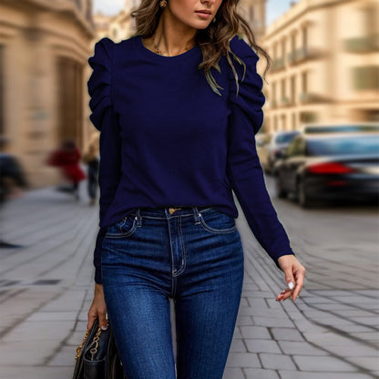 Women's Elegant Puff Sleeve Top, Ruffle Detail Long Sleeve Knit Blouse