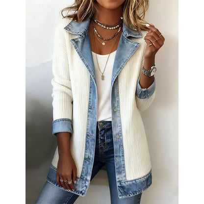 Denim Patchwork Jacket Fashion Commuter Lapel Button-down Long-sleeved Top For Women's Clothing