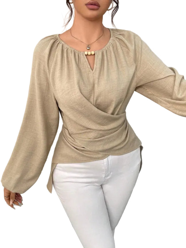 Womens Woven Long-sleeve Top With Tie Detailing And An Asymmetrical Hem