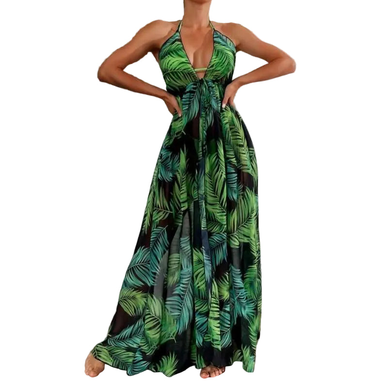 Printed Floral Split Swimsuit Cover Up Dress