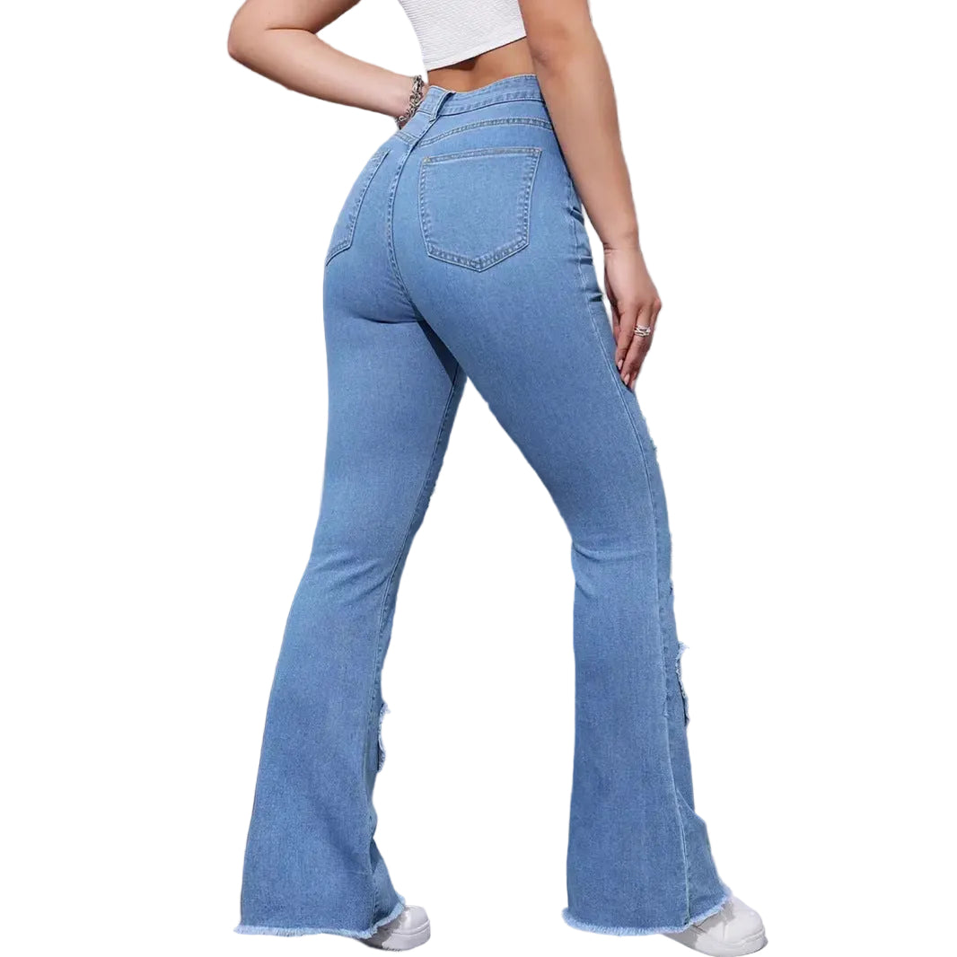 Washed Casual Heart-shaped Ripped Stretch Flared Jeans
