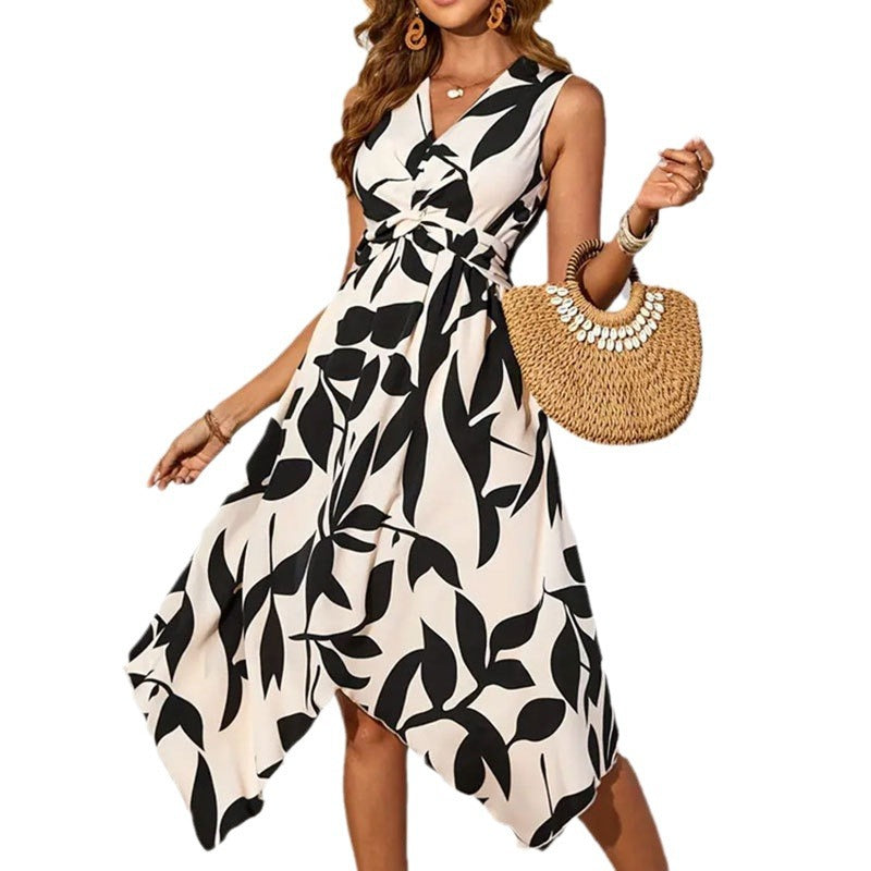 Leaf Print Twist Irregular Dress