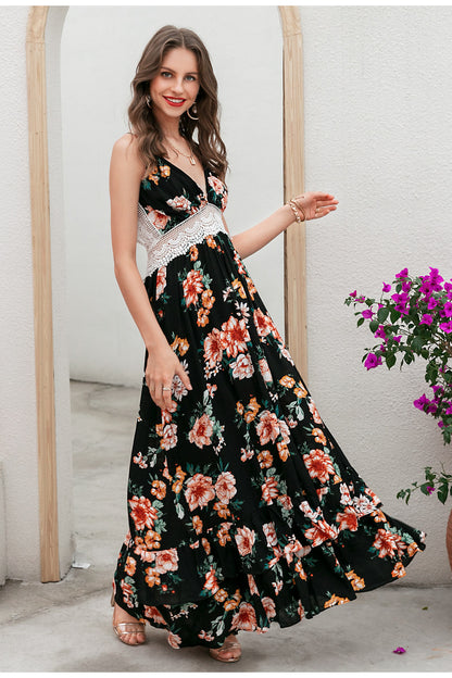 Black printed lace hollowed-out dress