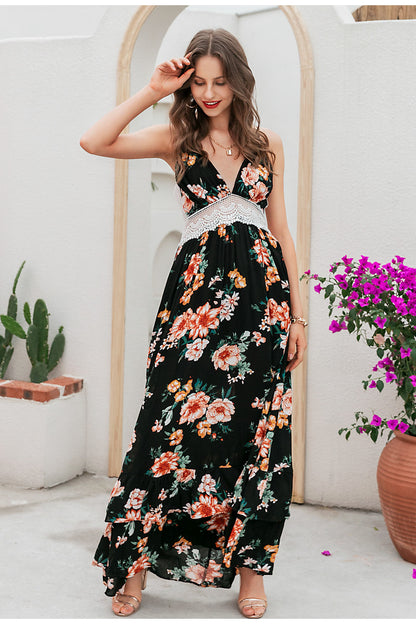 Black printed lace hollowed-out dress