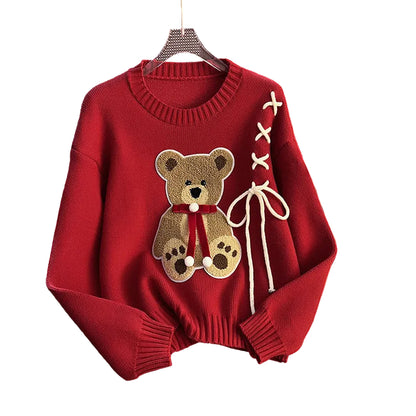Red Fashionable Cartoon Bear Slim Fit Sweet Bow Sweater For Women