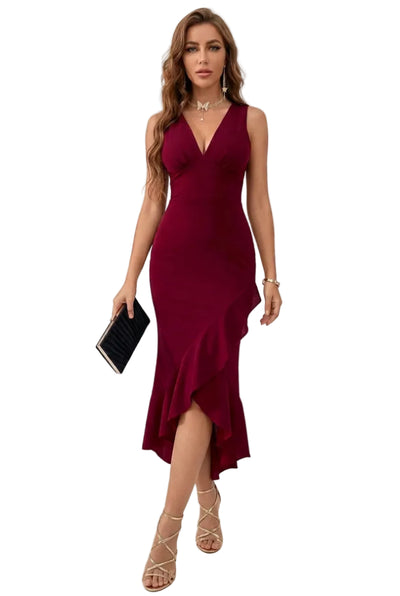 Ruffle Hem V-Neck Bodycon Dress