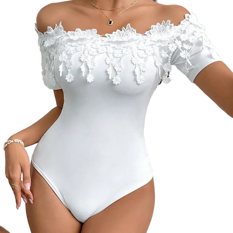 Women's Off Shoulder Short Sleeve Bodysuit Sexy Lace Bodycon Top