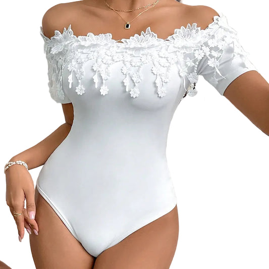 Women's Off Shoulder Short Sleeve Bodysuit Sexy Lace Bodycon Top
