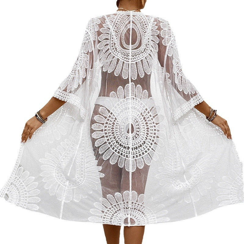 Lace Embroidered Kimono Cardigan Swimsuit Bikini Beach Cover-up
