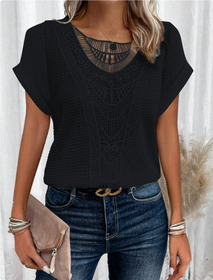 Summer Hollow Out Short-sleeved T-shirt Fashion Ethnic Style Tops