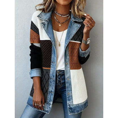 Denim Patchwork Jacket Fashion Commuter Lapel Button-down Long-sleeved Top For Women's Clothing