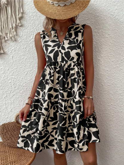 Women's Loose V-neck Pleated Print Dress