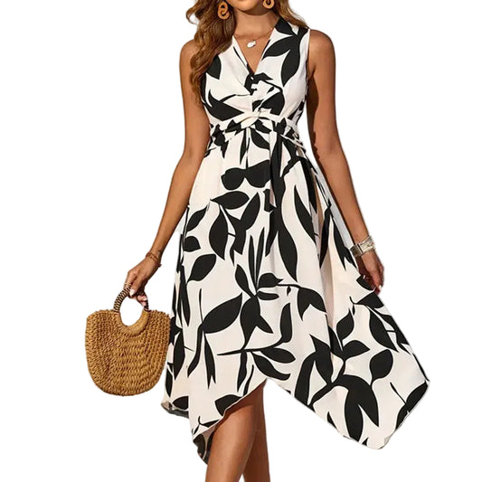 Leaf Print Twist Irregular Dress