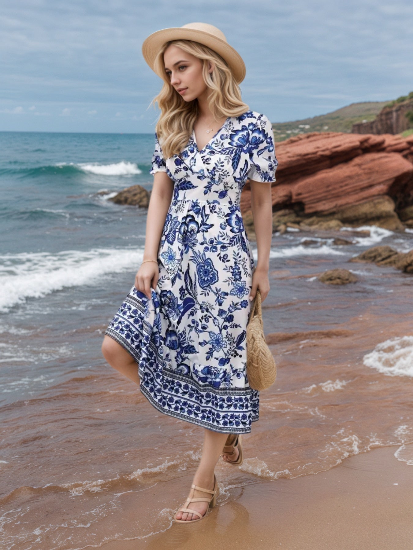 New Women's Floral Print V-neck Dress, Floral Dress,