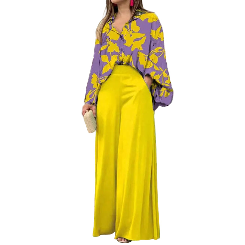 Women's Printed Shirt Wide Leg Pants Fashion Casual Set