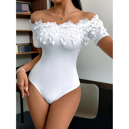 Women's Off Shoulder Short Sleeve Bodysuit Sexy Lace Bodycon Top