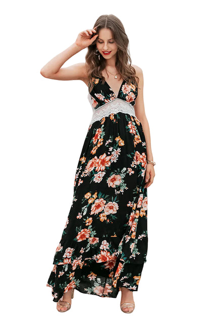 Black printed lace hollowed-out dress