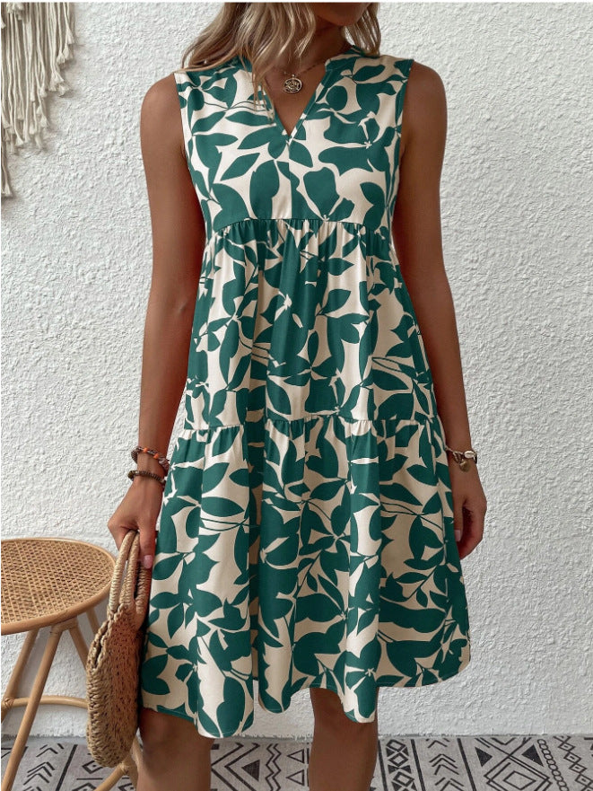 Women's Loose V-neck Pleated Print Dress