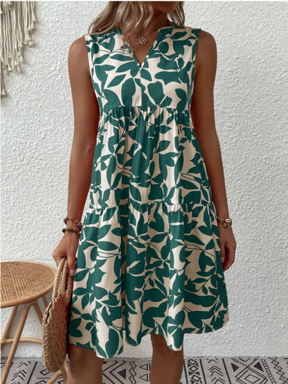 Women's Loose V-neck Pleated Print Dress
