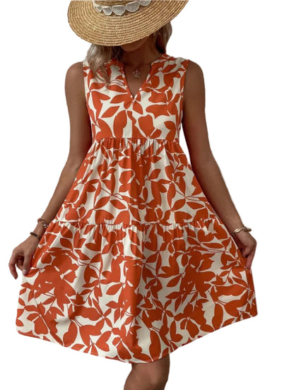 Women's Loose V-neck Pleated Print Dress