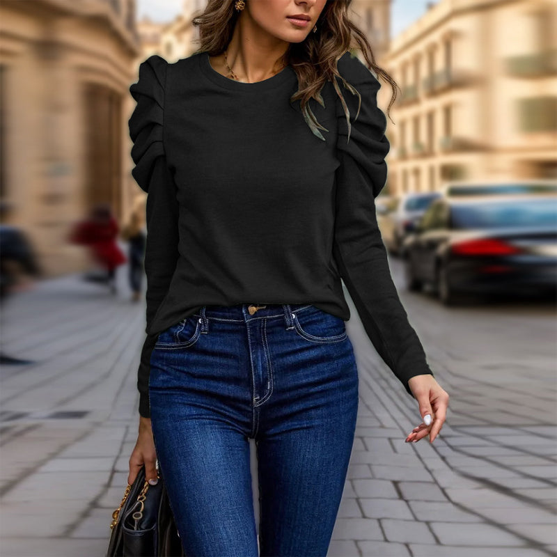 Women's Elegant Puff Sleeve Top, Ruffle Detail Long Sleeve Knit Blouse