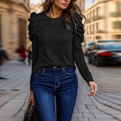 Women's Elegant Puff Sleeve Top, Ruffle Detail Long Sleeve Knit Blouse