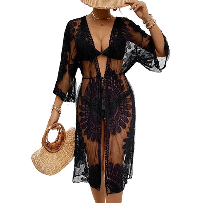 Lace Embroidered Kimono Cardigan Swimsuit Bikini Beach Cover-up
