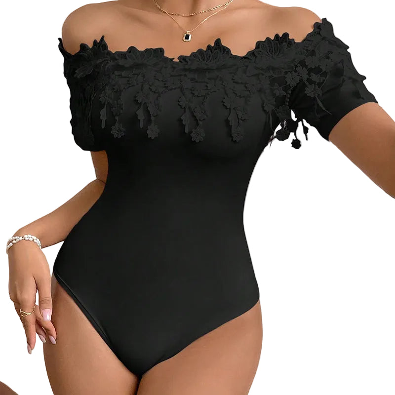 Women's Off Shoulder Short Sleeve Bodysuit Sexy Lace Bodycon Top
