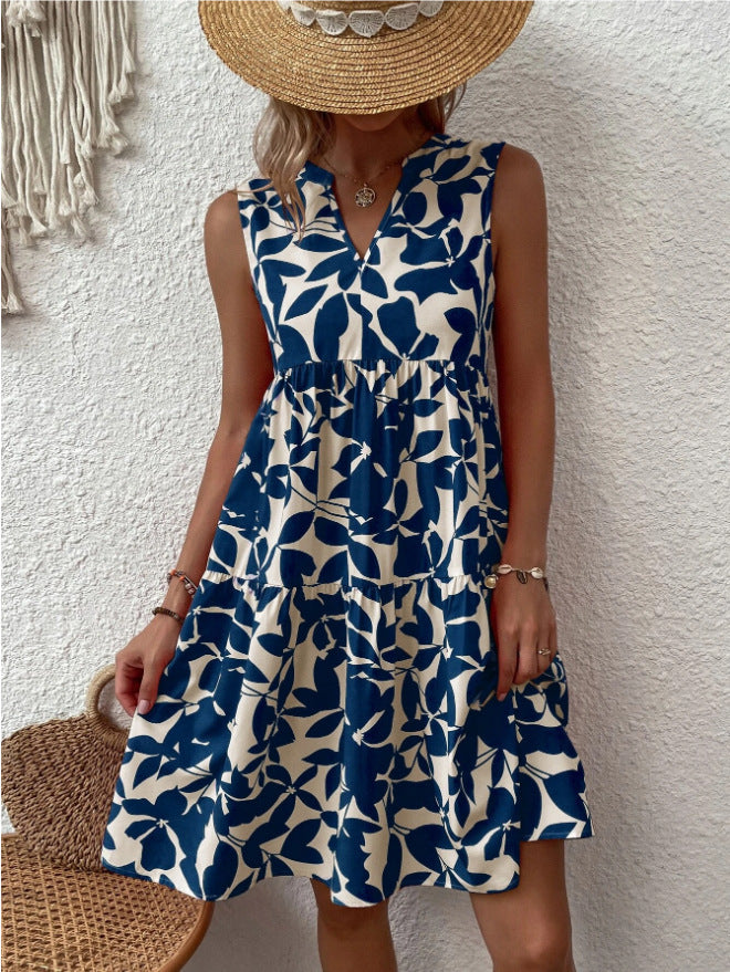 Women's Loose V-neck Pleated Print Dress