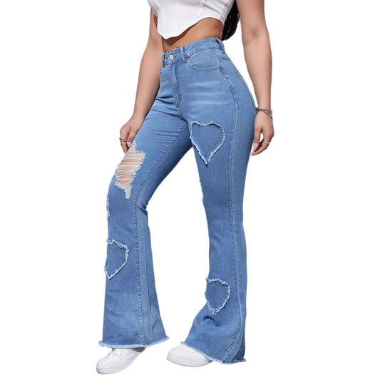 Washed Casual Heart-shaped Ripped Stretch Flared Jeans