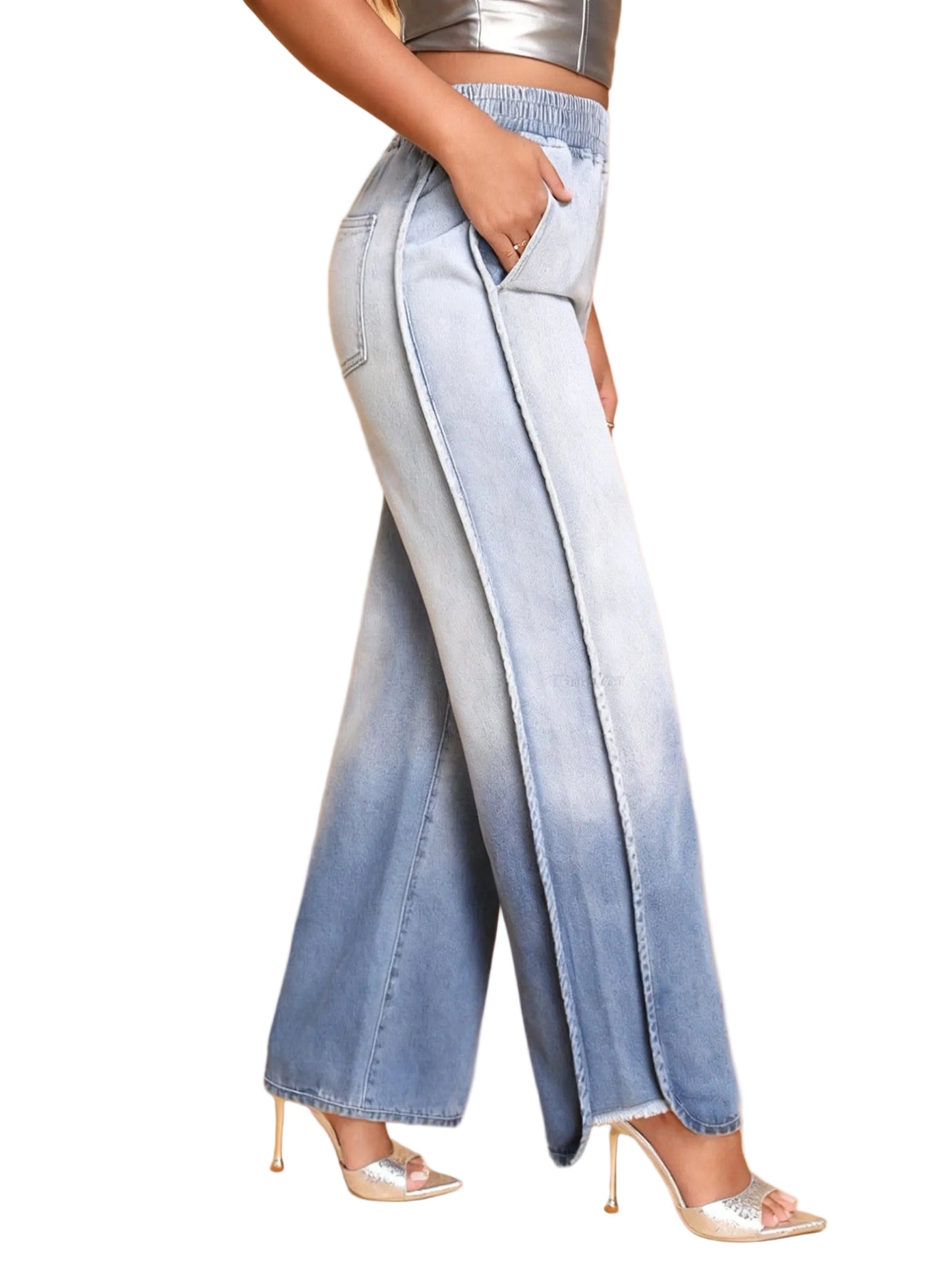 Light Blue Ombre Wide-Leg Jeans With Elastic Waist