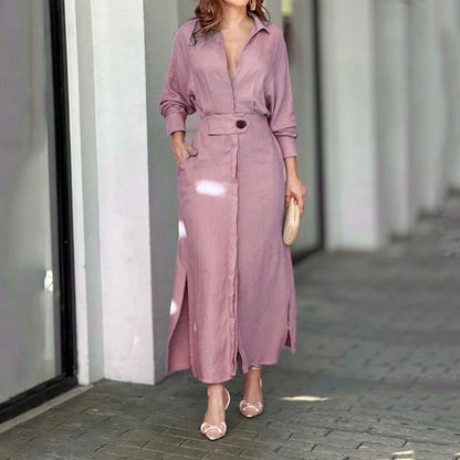Women's Elegant Tied Solid Color Waisted Long-sleeved Shirt Dress