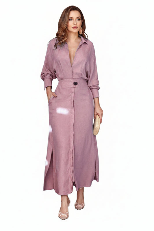 Women's Maxi Shirt Dress with Belt — Elegant Long Sleeve